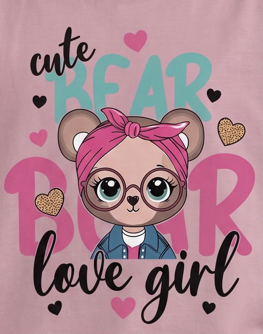 Detalle del estampado Cute Bear Love Girl sobre Rosa Vieja