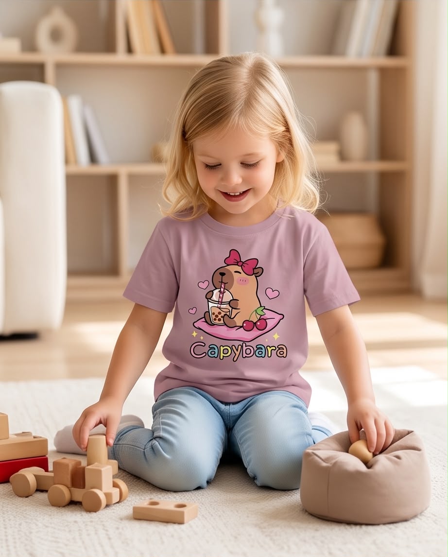Niña saltando con camiseta de capibara Rosa Vieja