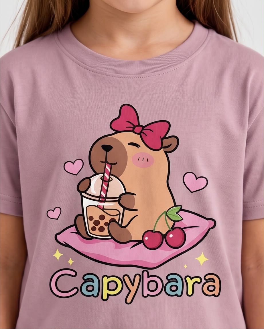 Niña con camiseta Rosa Vieja de capibara con bebida y cerezas