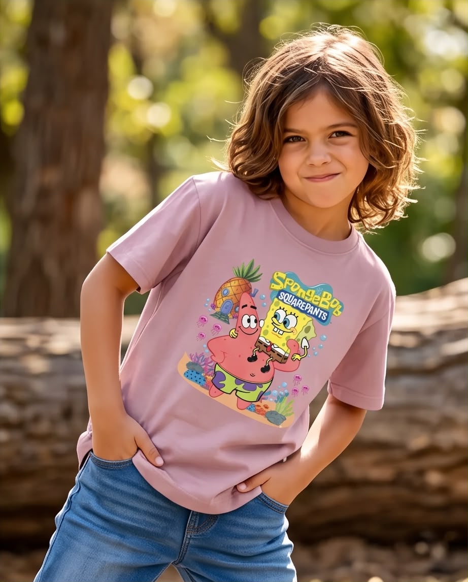 Detalle del estampado Bob Esponja y Patricio sobre Rosa Vieja
