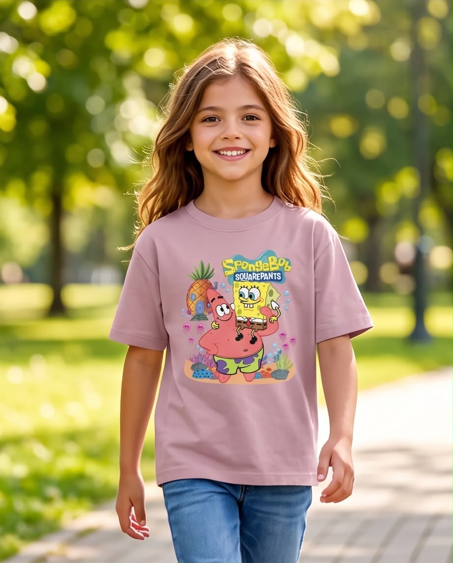 Niña caminando con camiseta Bob Esponja Rosa Vieja