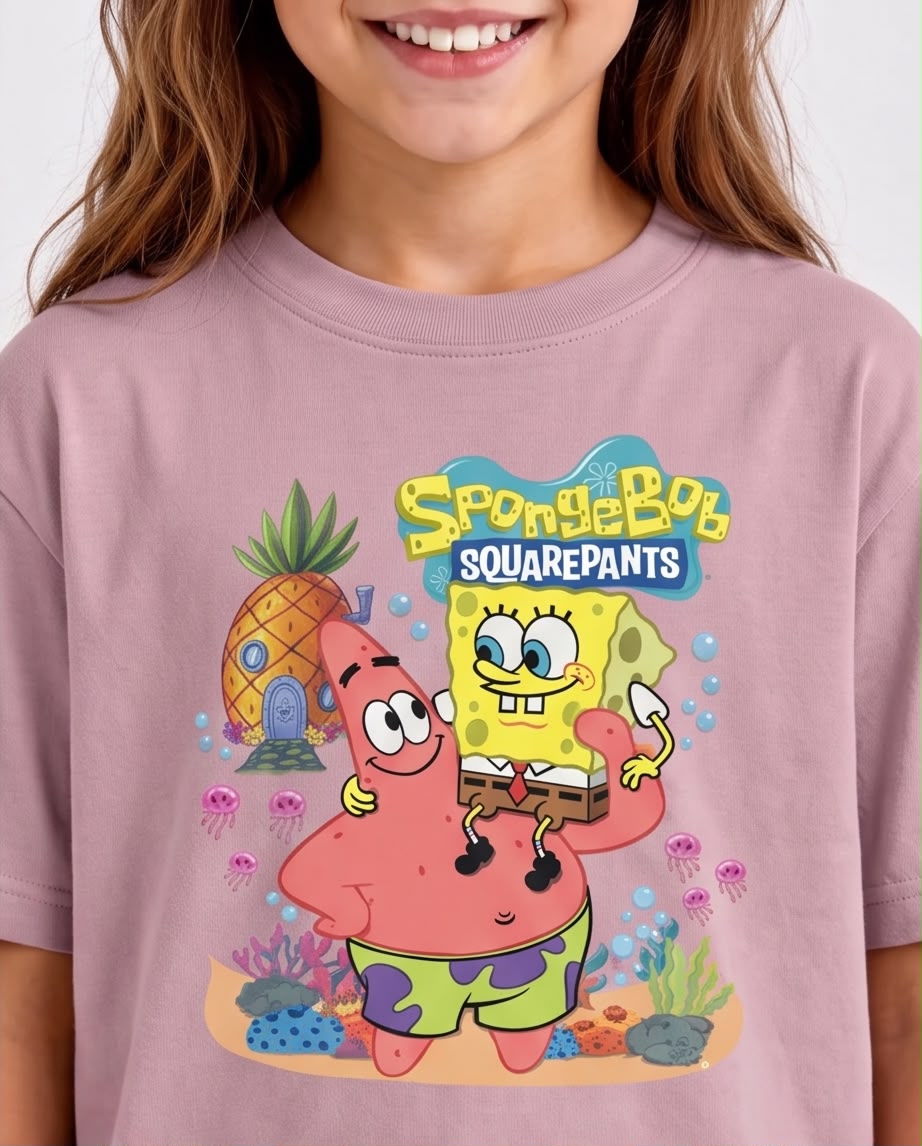 Niña al aire libre con camiseta de Bob Esponja y Patricio Rosa Vieja