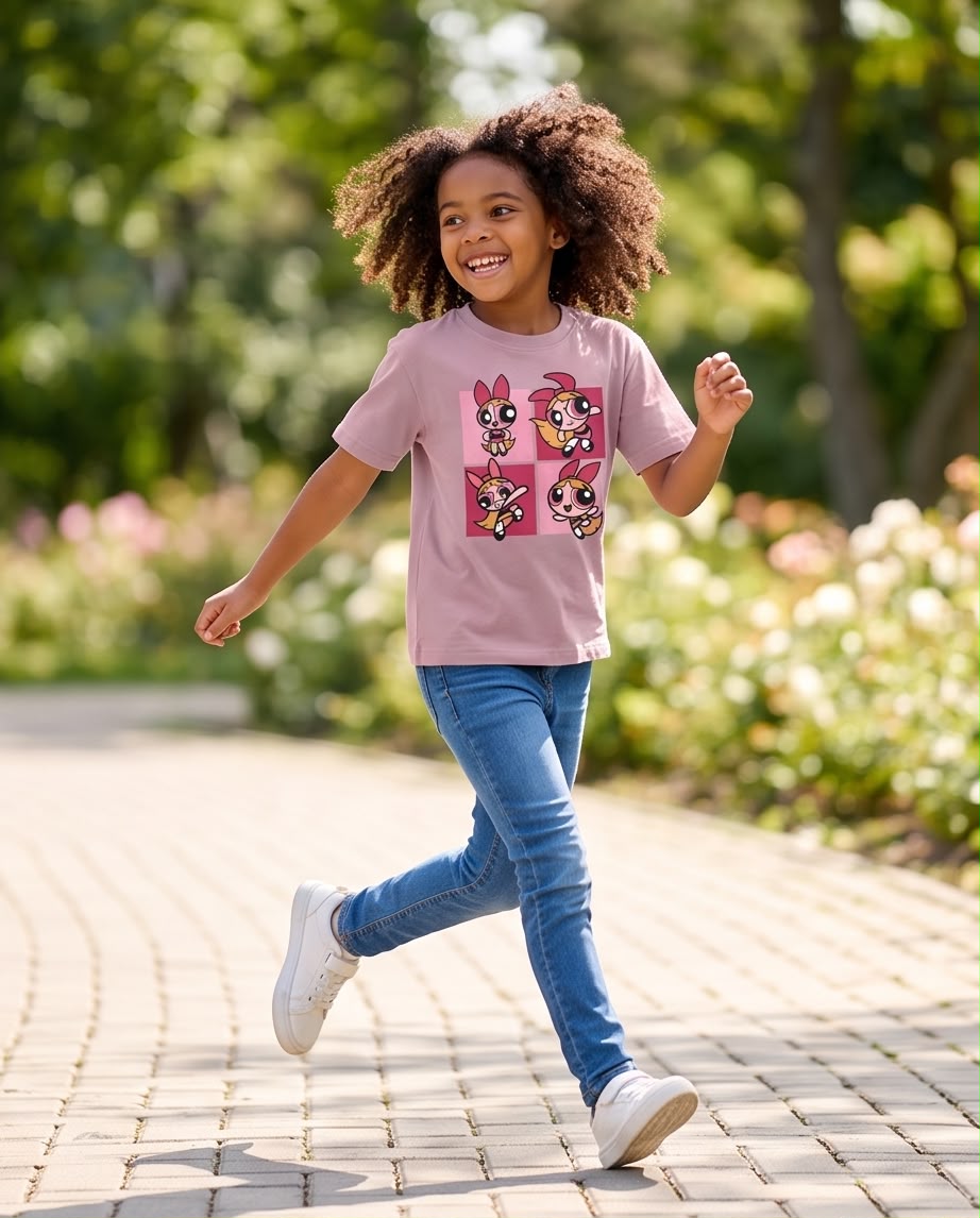 Niña con camiseta Rosa Vieja de Bombón en cuatro poses