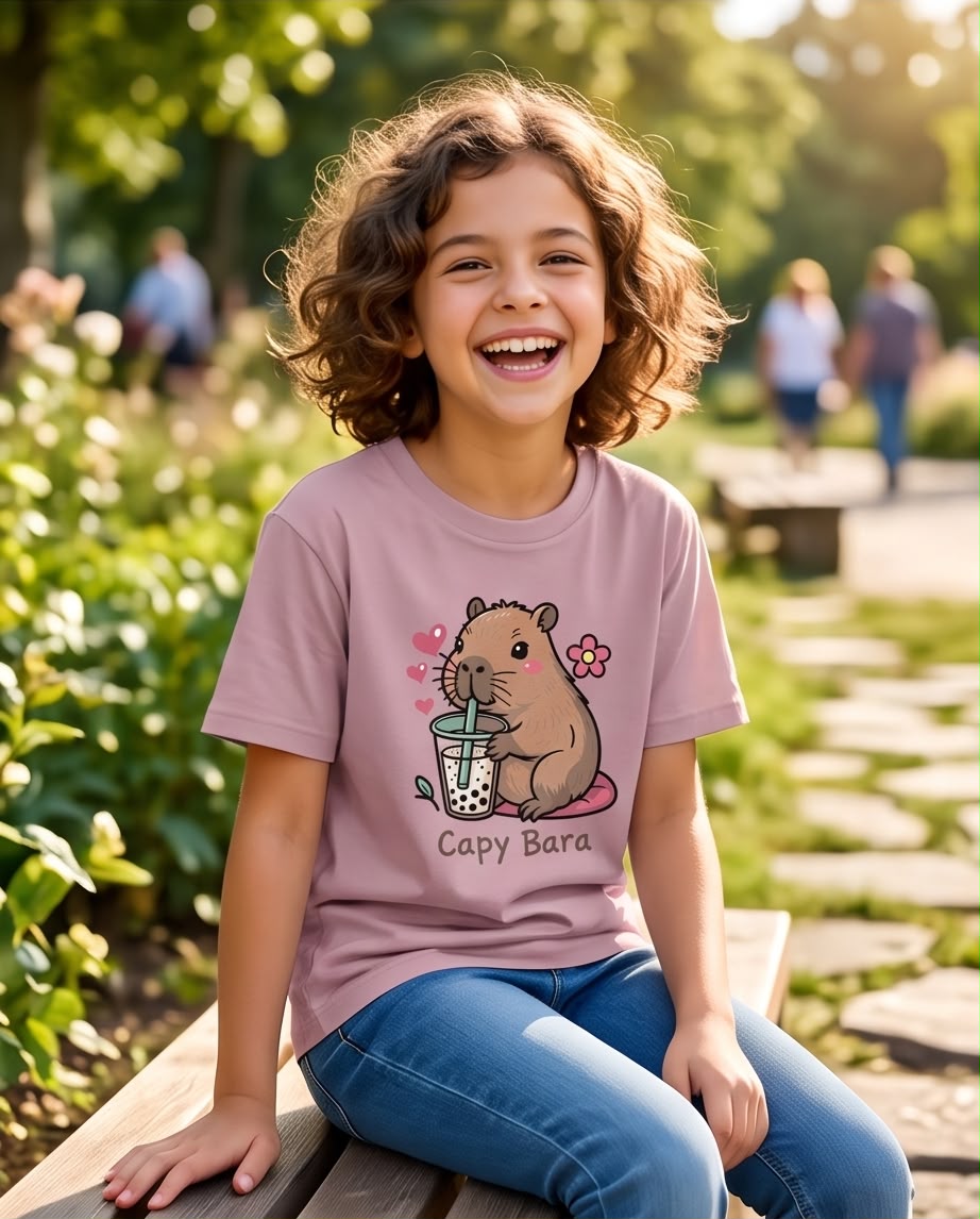 Niña sonriente con camiseta de capibara y bebida Rosa Vieja