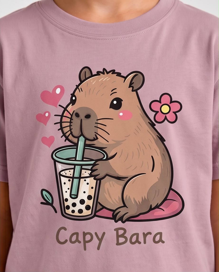 Niña caminando con camiseta Capy Bara Rosa Vieja