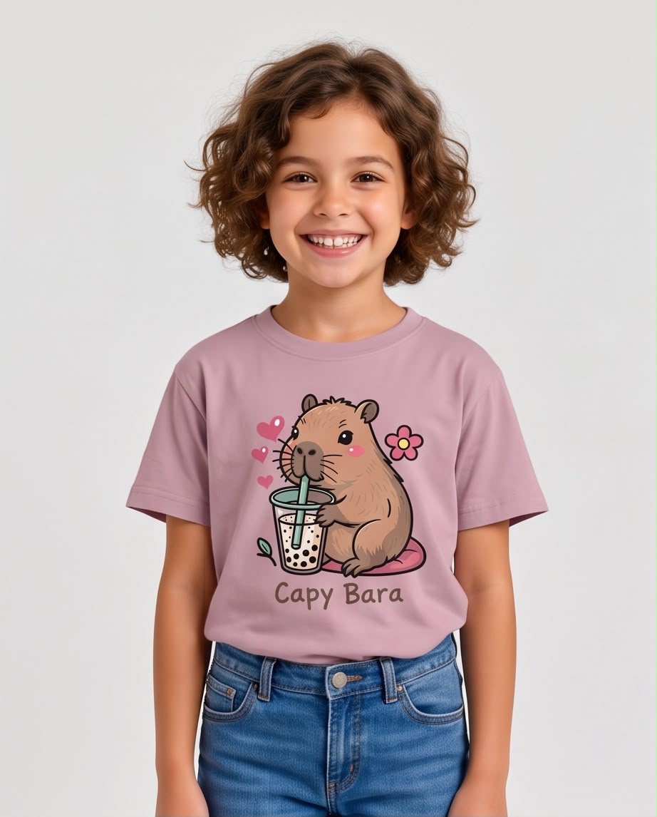 Niña con camiseta Capy Bara bebida de perlas Rosa Vieja de frente