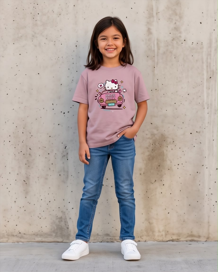 Niña de cuerpo entero con camiseta Hello Kitty carro Rosa Vieja