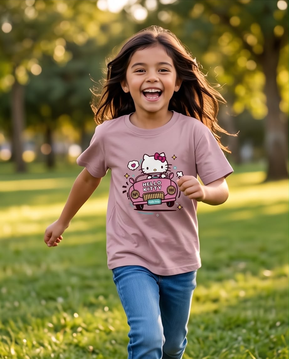Niña con camiseta Hello Kitty en carro Rosa Vieja de frente