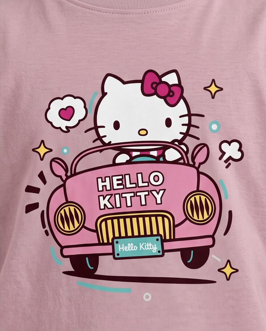 Detalle de Hello Kitty conduciendo un carro rosa