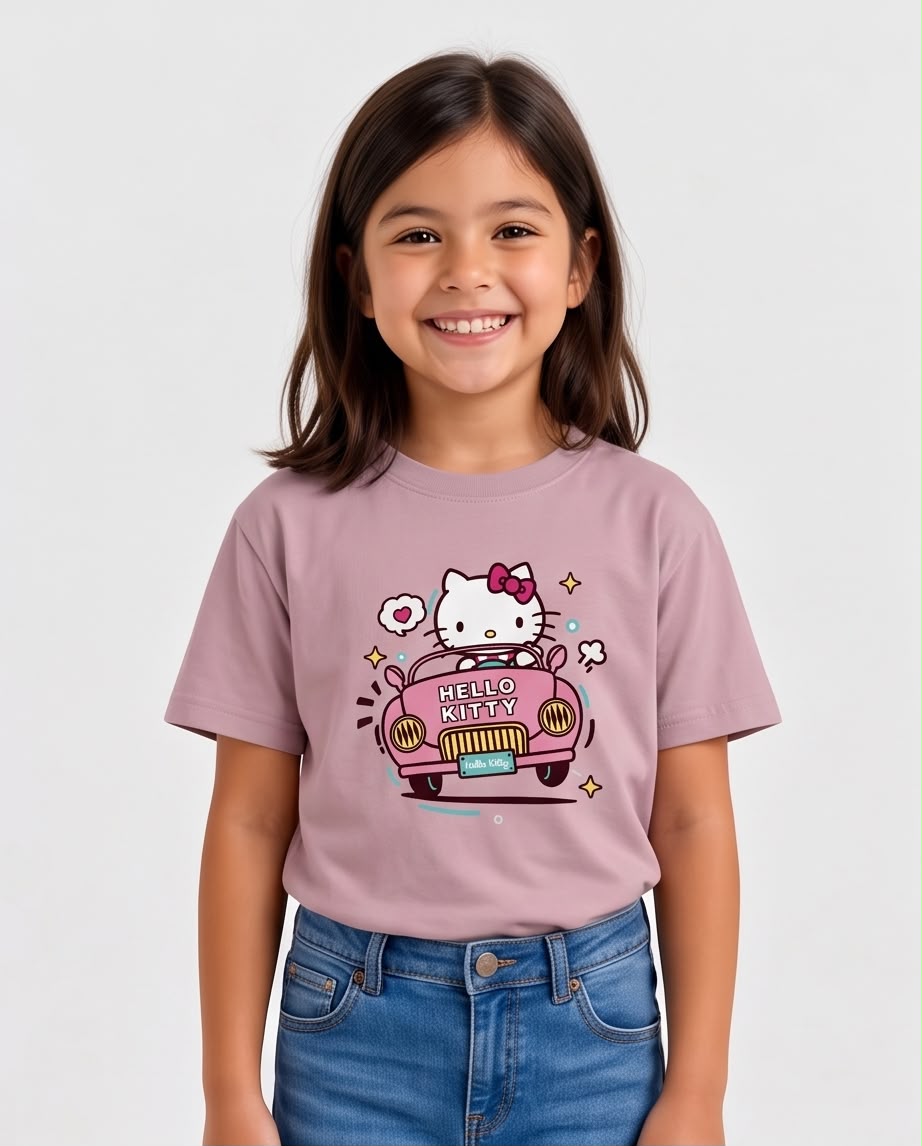 Niña corriendo con camiseta Hello Kitty en carro Rosa Vieja