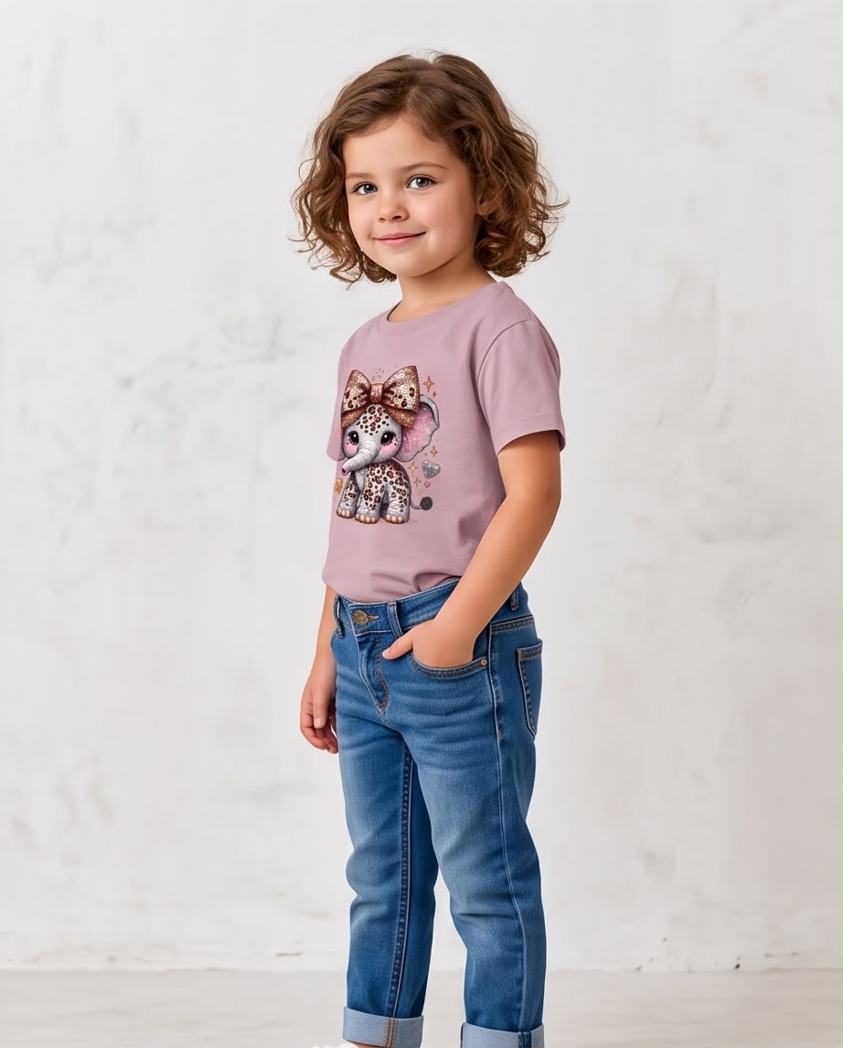 Niña sentada con camiseta de elefantito Rosa Vieja