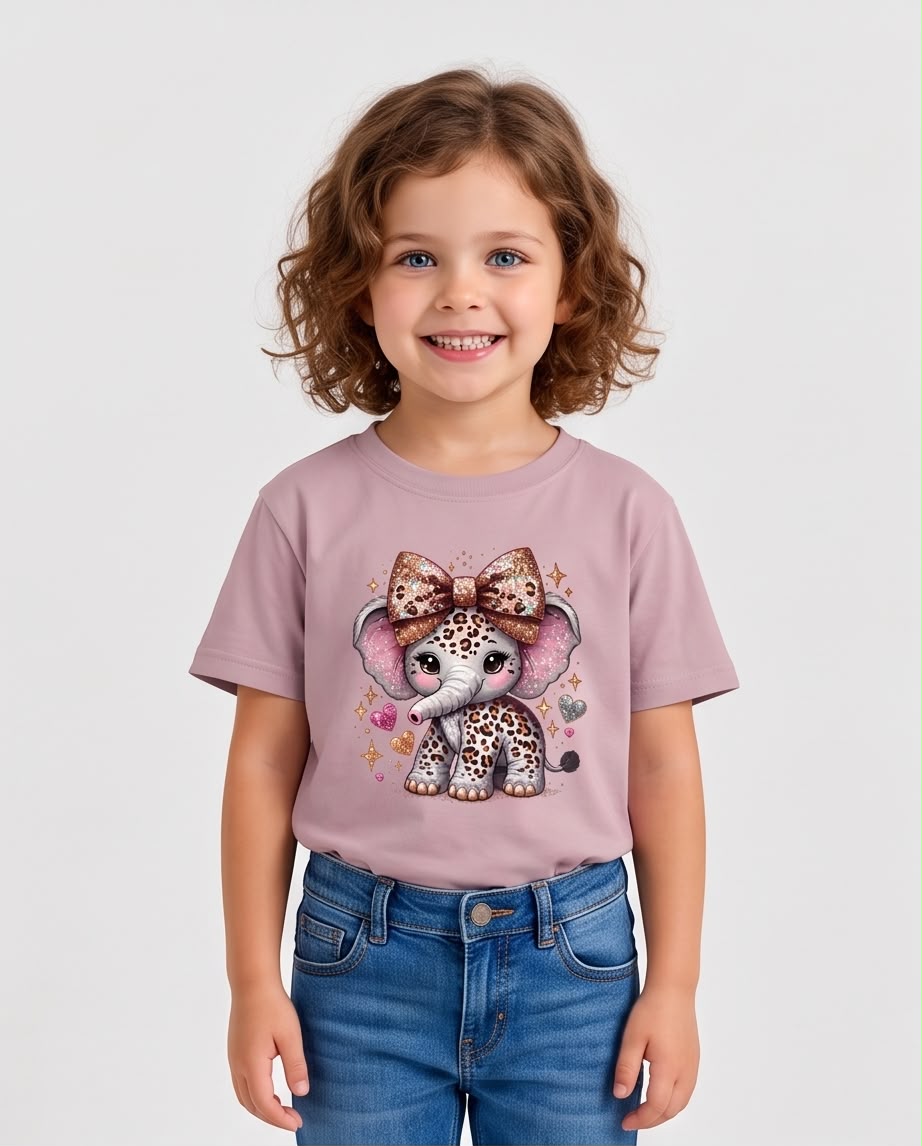Vista lateral de niña con camiseta elefantito Rosa Vieja