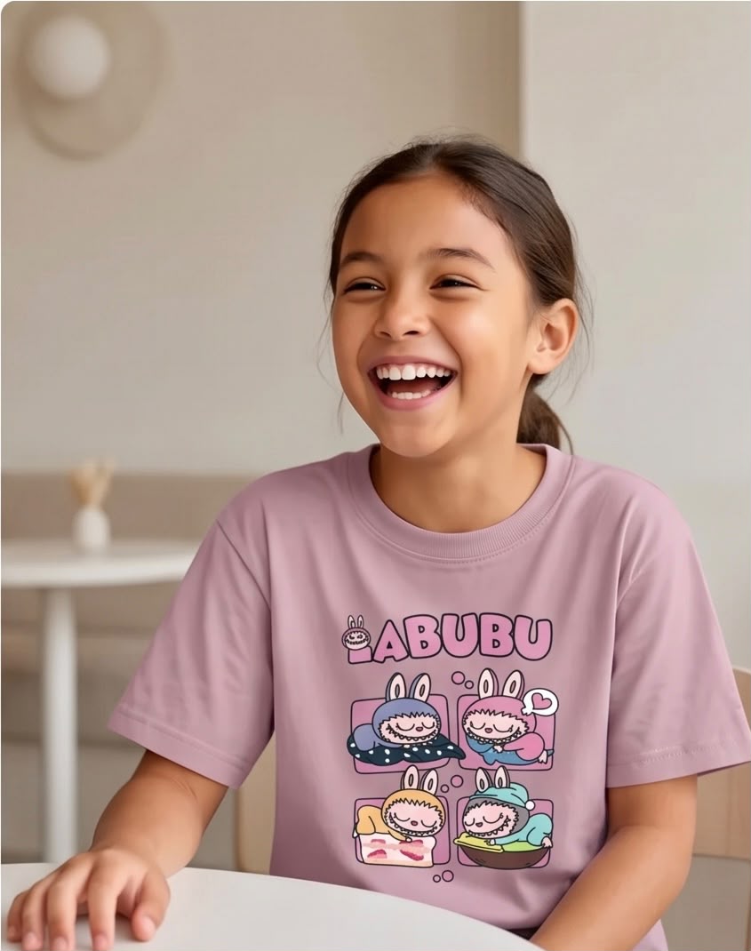 Niña con camiseta Labubu dormidos Rosa Vieja de frente