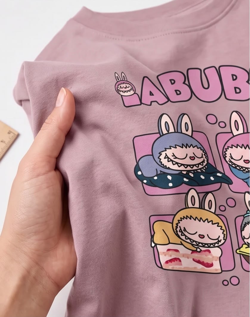 Detalle de tela y estampado Labubu dormidos Rosa Vieja