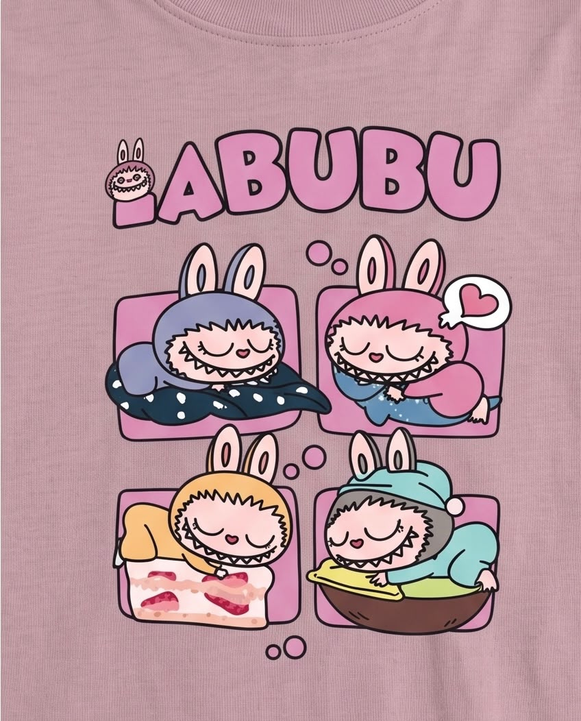 Niña sonriente con camiseta de cuatro Labubu Rosa Vieja