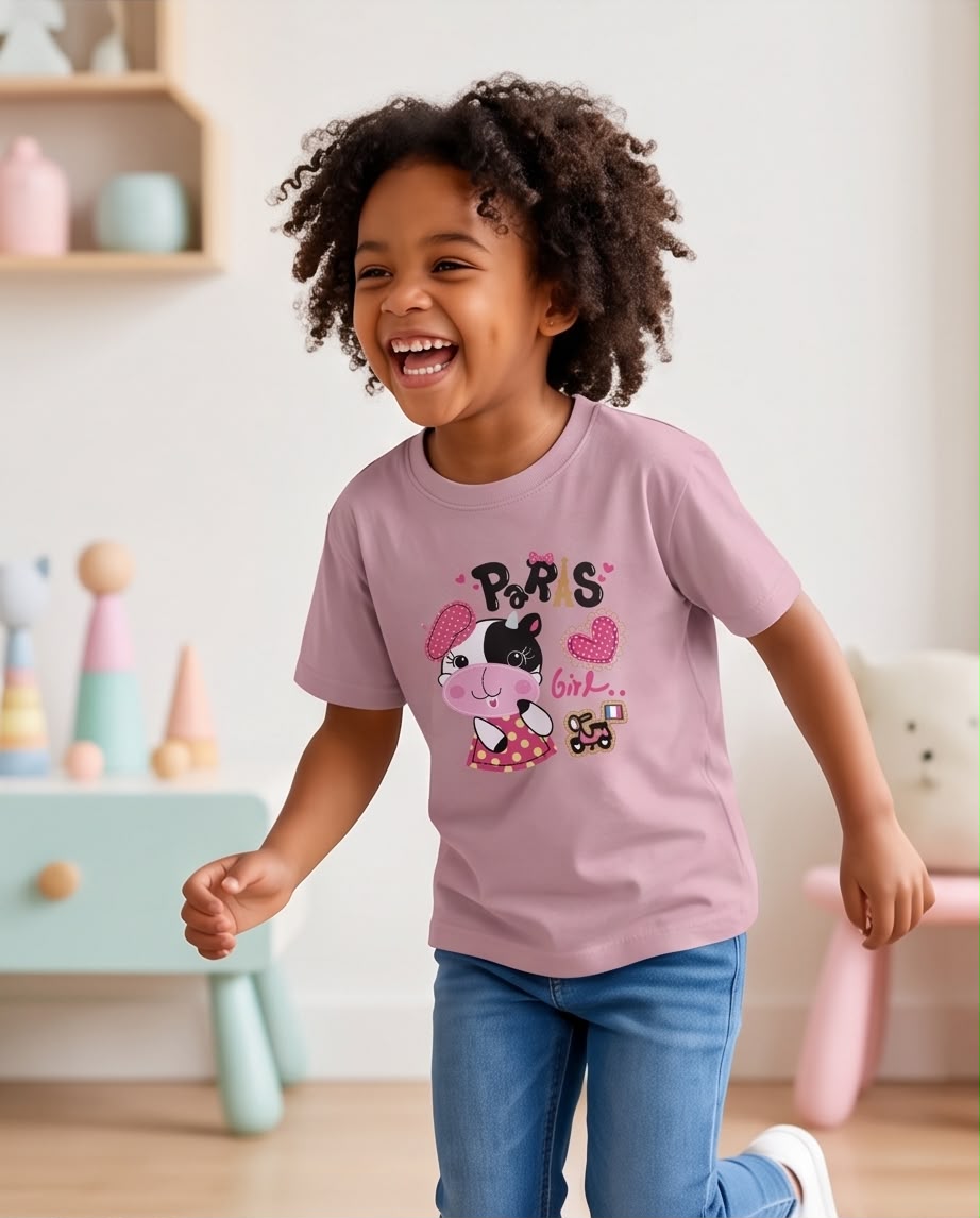 Niña de cuerpo entero con camiseta Paris Girl vaquita Rosa Vieja