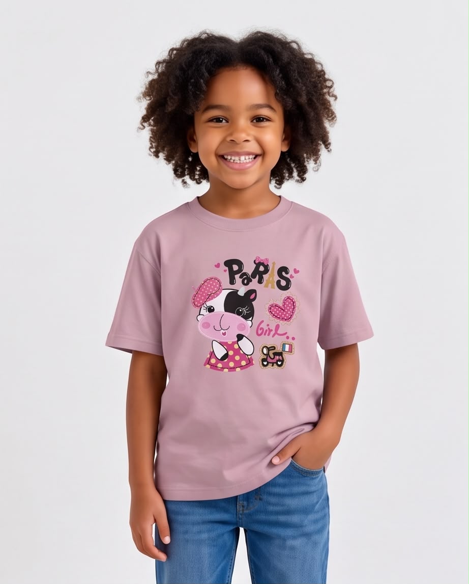 Niña corriendo con camiseta vaquita Paris Girl Rosa Vieja