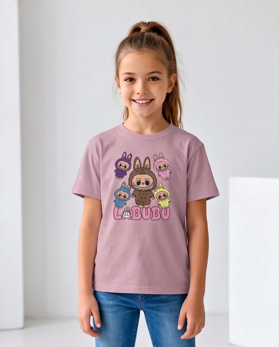 Niña pequeña con camiseta Labubu cinco colores Rosa Vieja