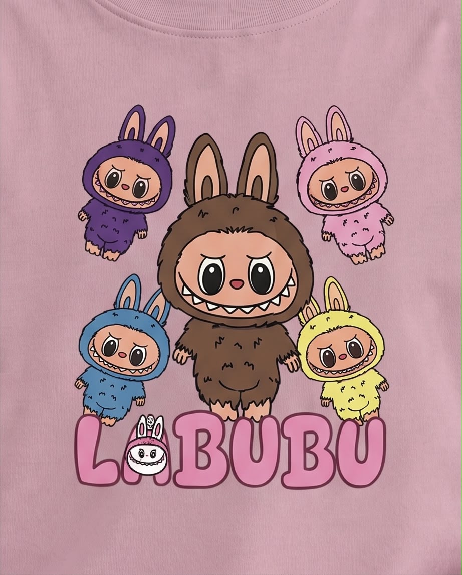Niña sonriente con camiseta Labubu cinco colores Rosa Vieja