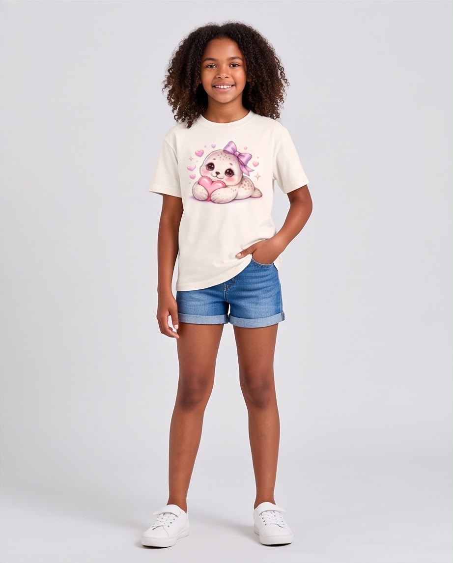 Niña con camiseta Vainilla de foquita, vista de cuerpo entero