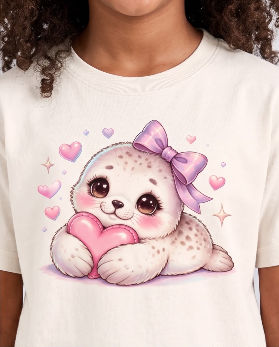 Detalle del estampado de foquita con lazo lila y corazón rosa