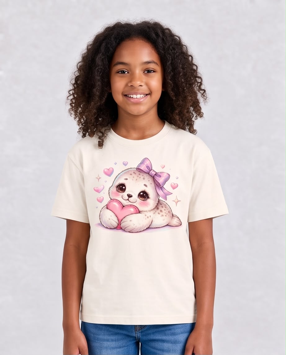 Niña con camiseta Vainilla de foquita con lazo lila y corazón rosa
