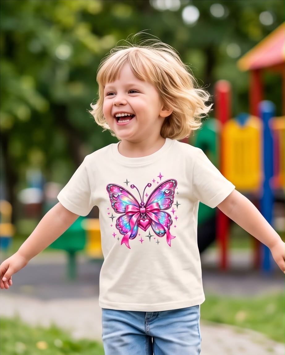 Niño con camiseta Vainilla de mariposa multicolor con lazo rosa al aire libre