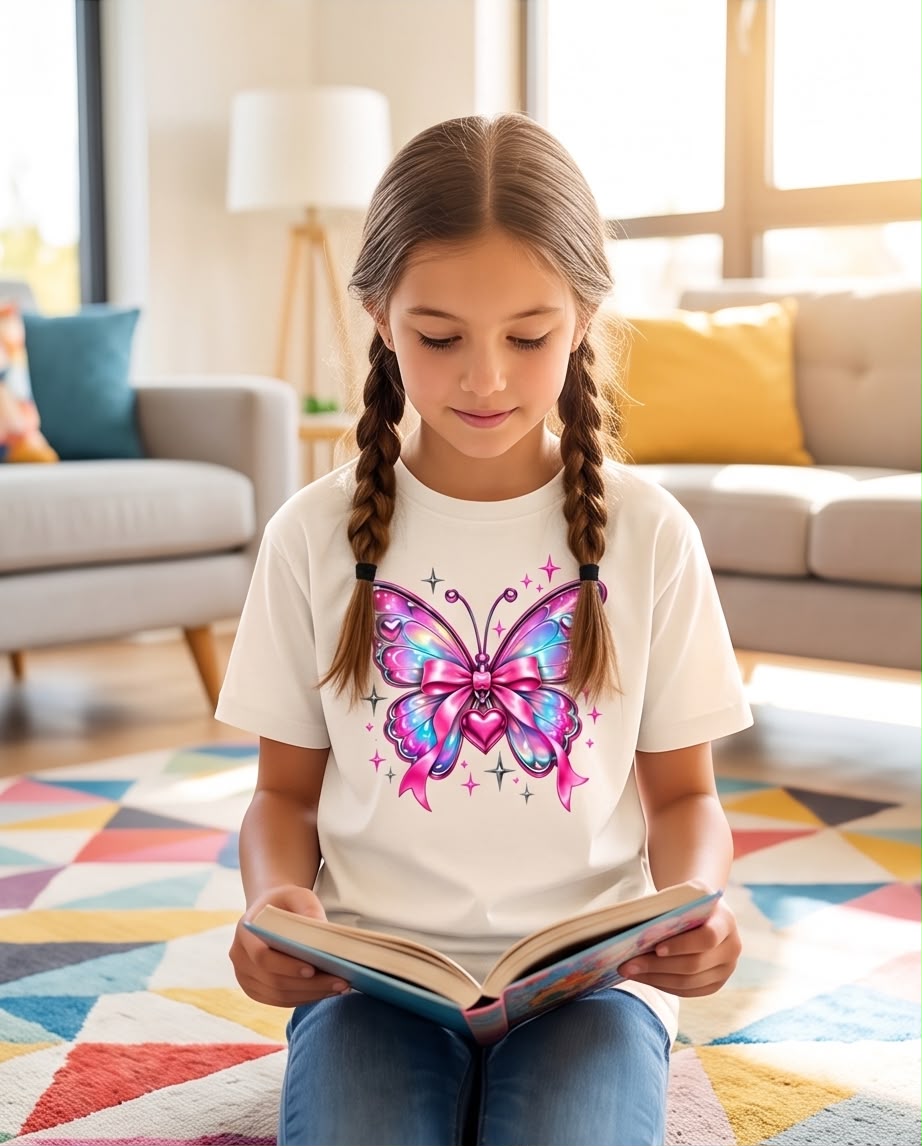 Niña con camiseta Vainilla de mariposa arcoíris, vista frontal