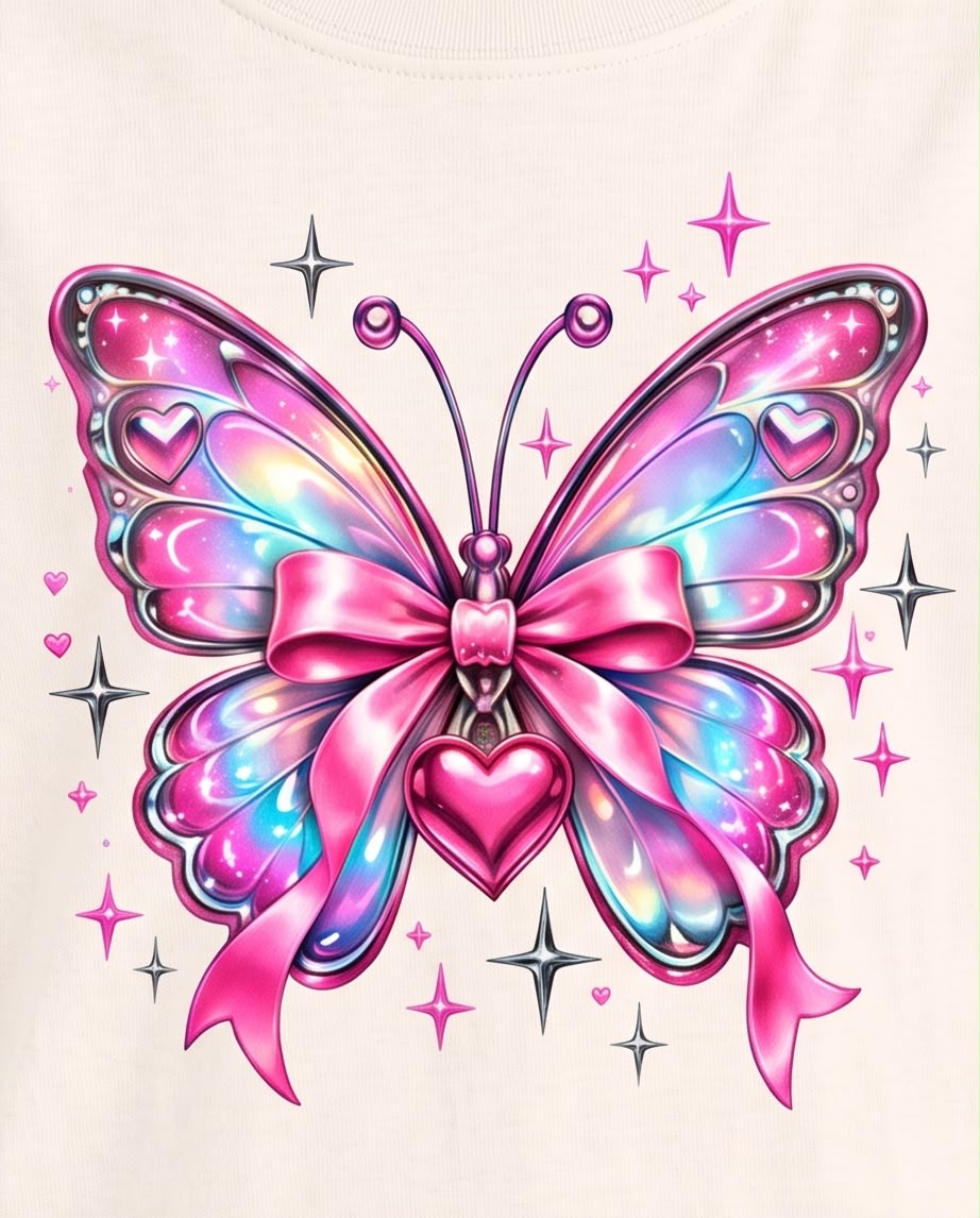 Detalle de mariposa multicolor con lazo rosa y corazón