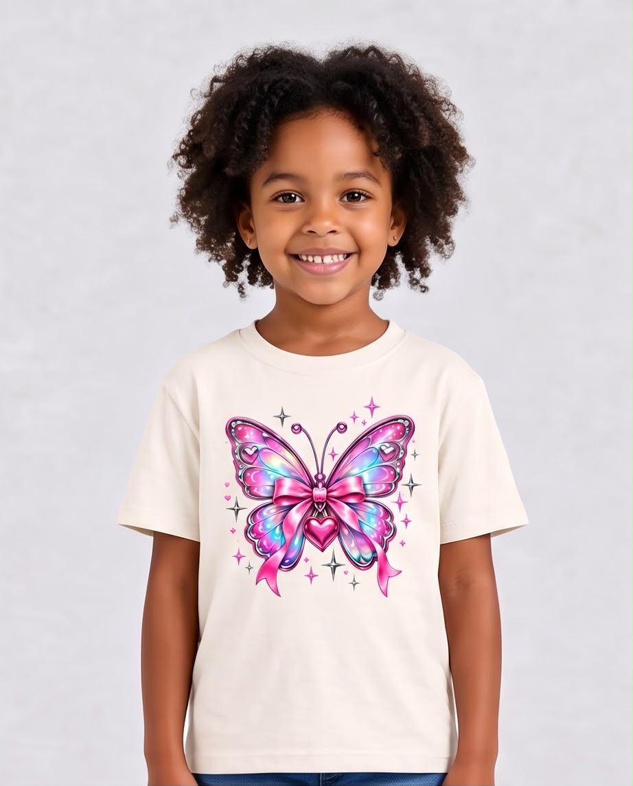 Niña leyendo con camiseta Vainilla de mariposa multicolor