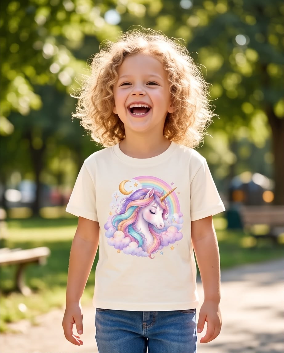 Detalle del estampado de unicornio con crin pastel, arcoíris, luna y nubes