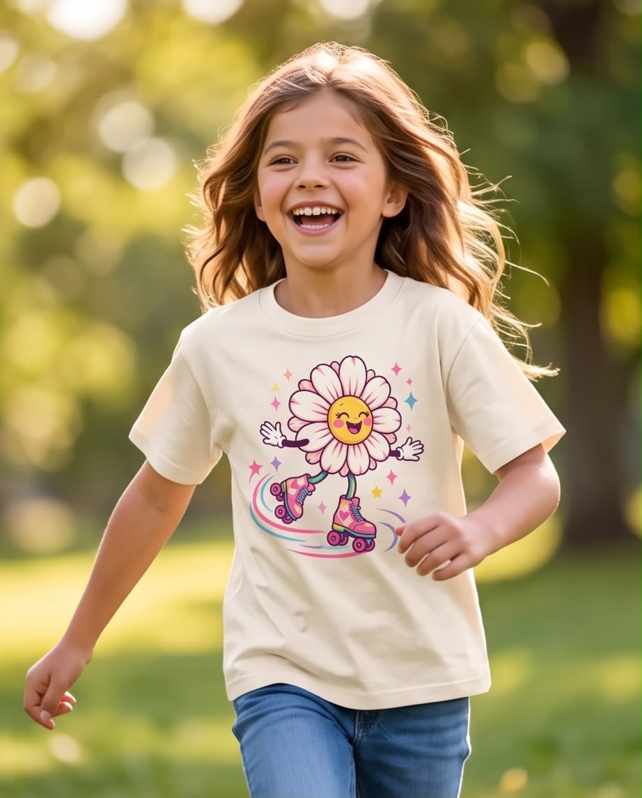 Niña con camiseta Vainilla de margarita con patines, vista frontal