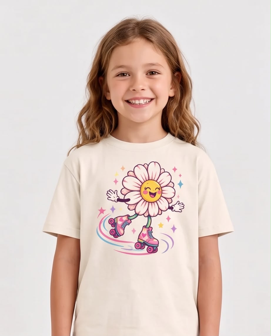 Niña con camiseta Vainilla de margarita con patines, vista de cuerpo entero