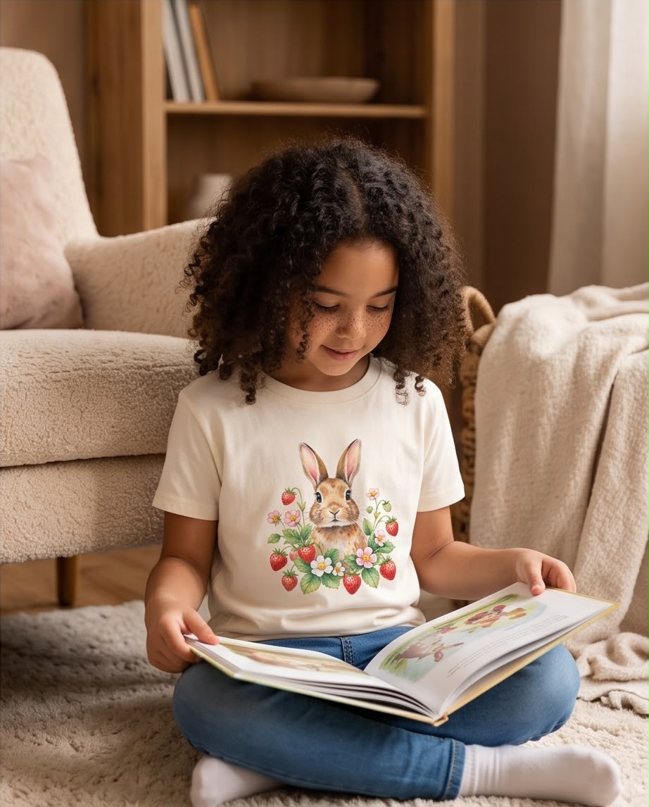 Niña con camiseta Vainilla de conejito entre fresas y flores, vista frontal