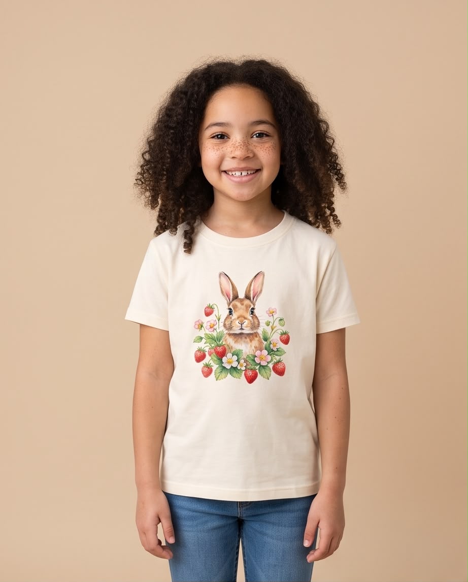 Niña leyendo con camiseta Vainilla de conejito y fresas