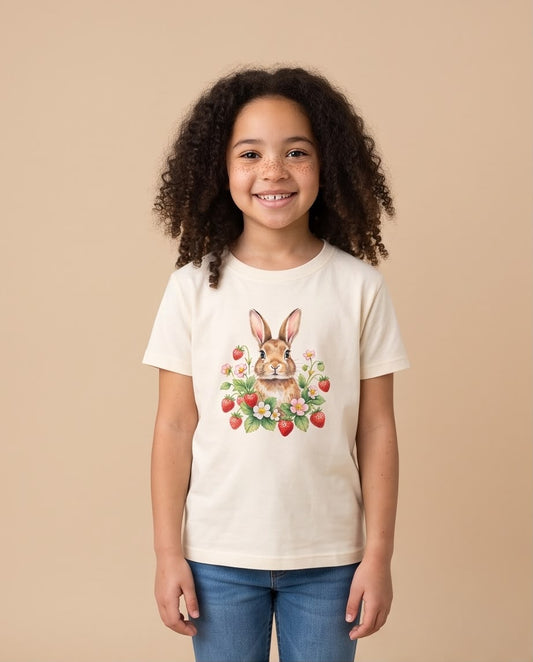 Niña leyendo con camiseta Vainilla de conejito y fresas