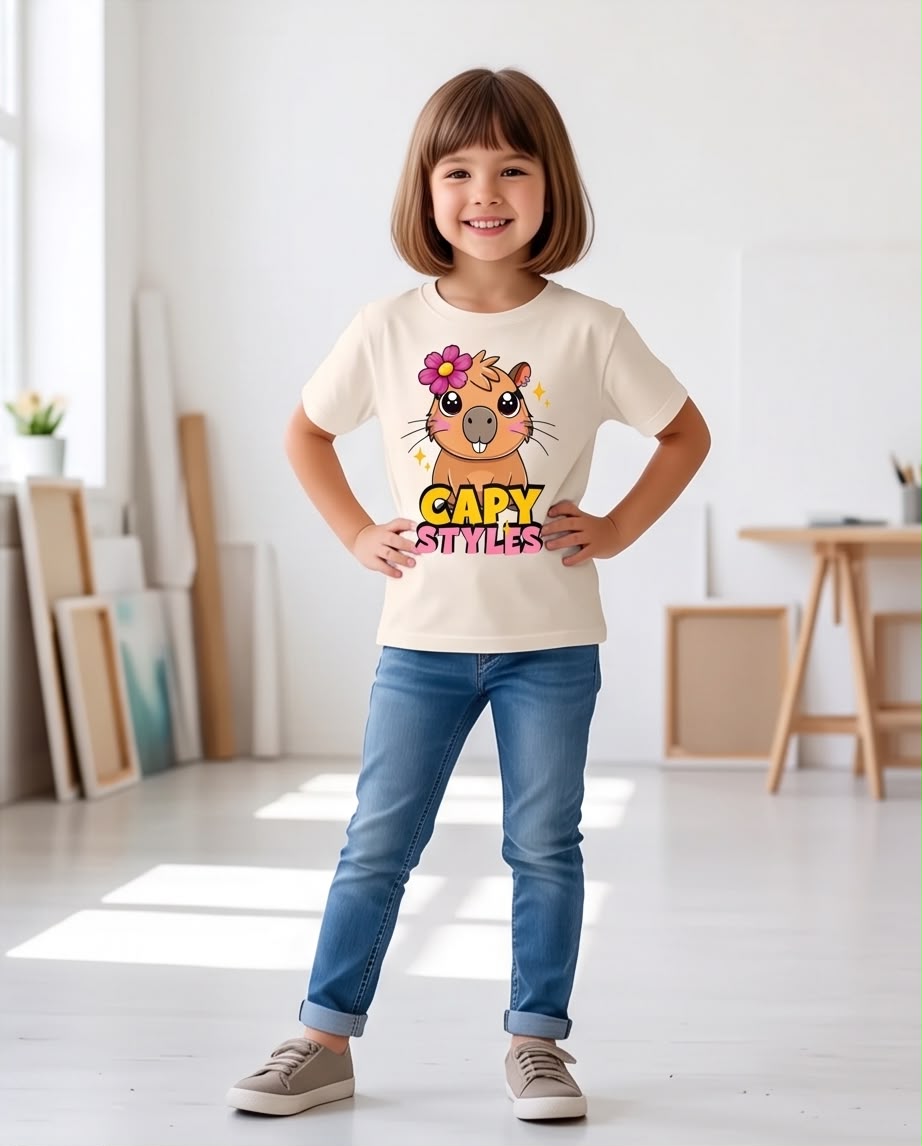 Niña de cuerpo entero con camiseta Capy Styles