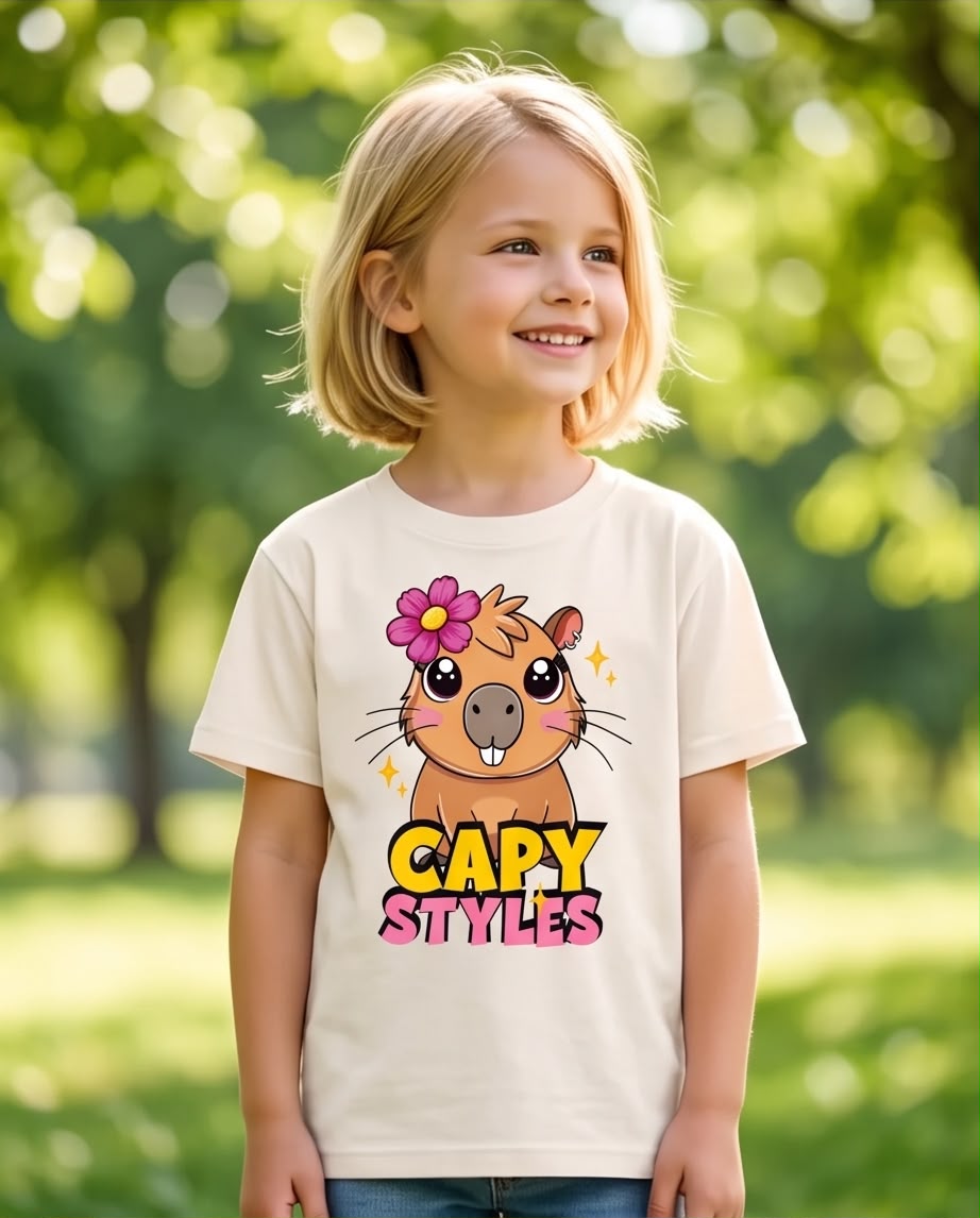 Niña al aire libre con camiseta de capibara Capy Styles