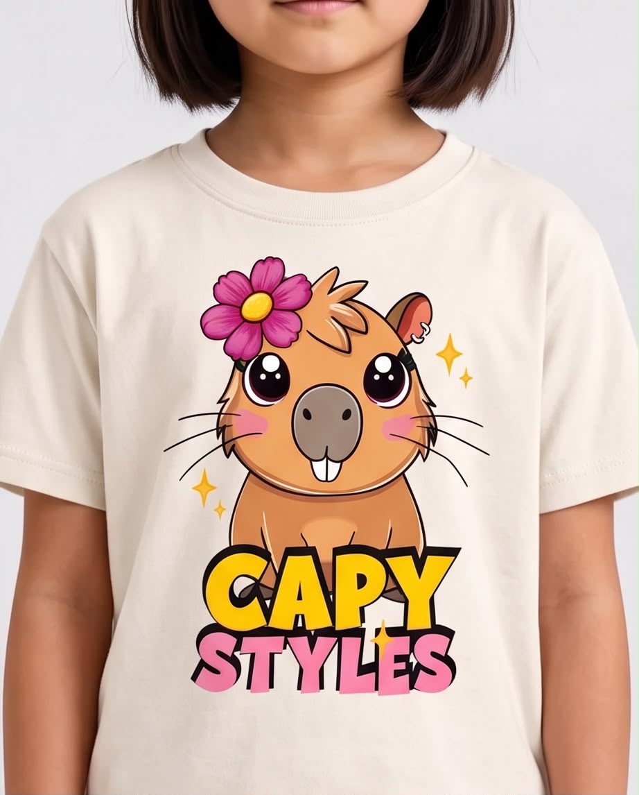 Niña con camiseta Capy Styles, vista frontal
