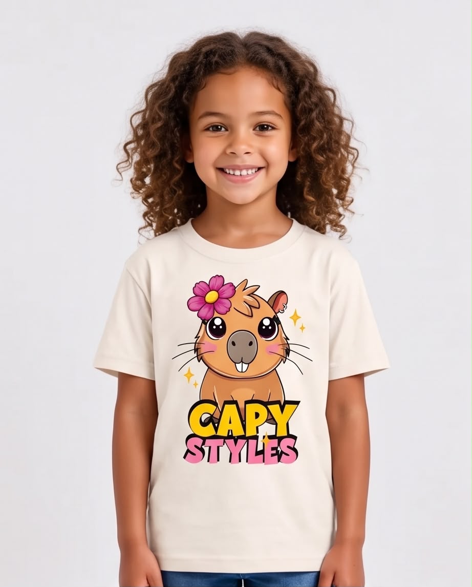 Detalle del estampado capibara con flor y letras Capy Styles