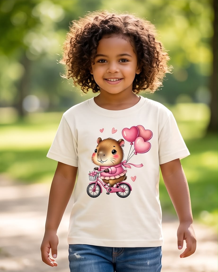 Niña al aire libre con camiseta de capibara en bicicleta
