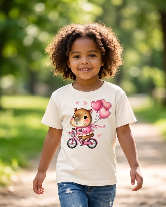 Niña con camiseta de capibara en bicicleta y globos de corazón, vista frontal