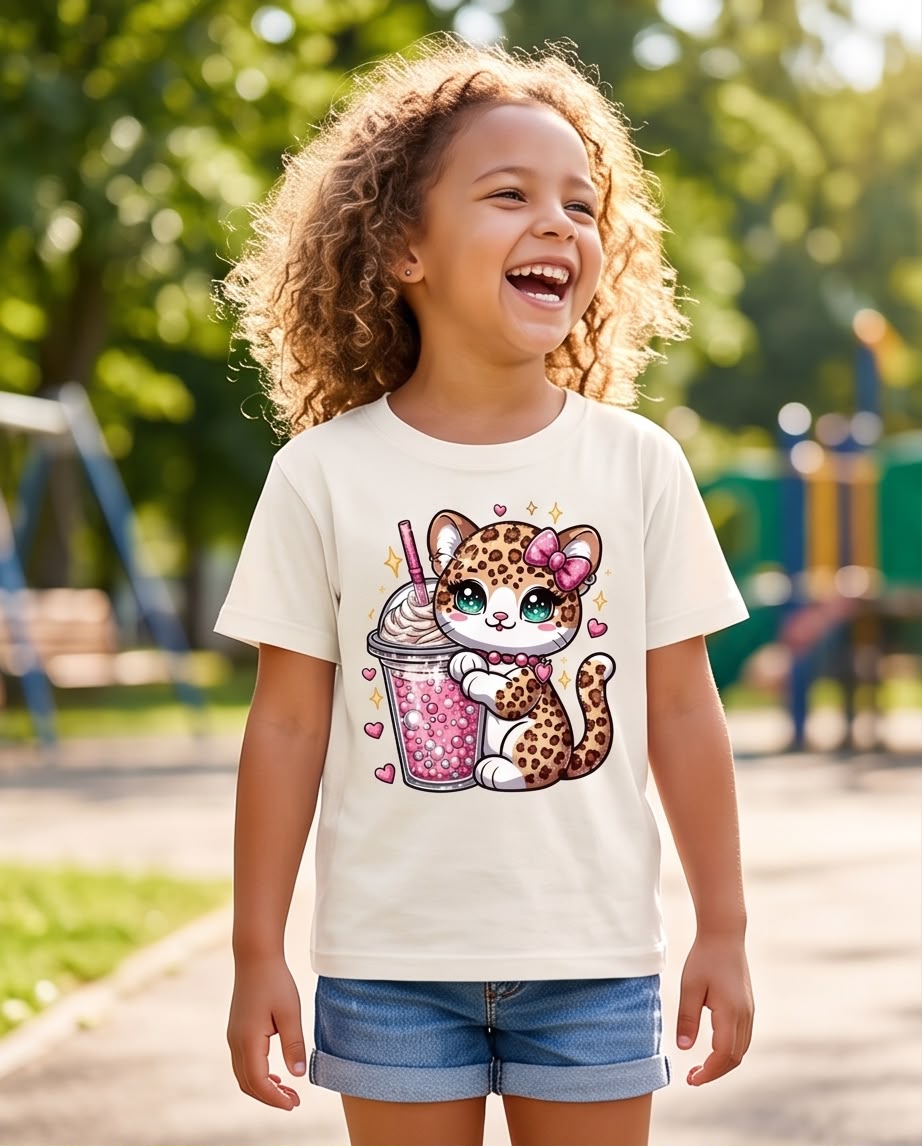 Niña con camiseta Vainilla de gatita de manchas y bebida rosa, vista frontal