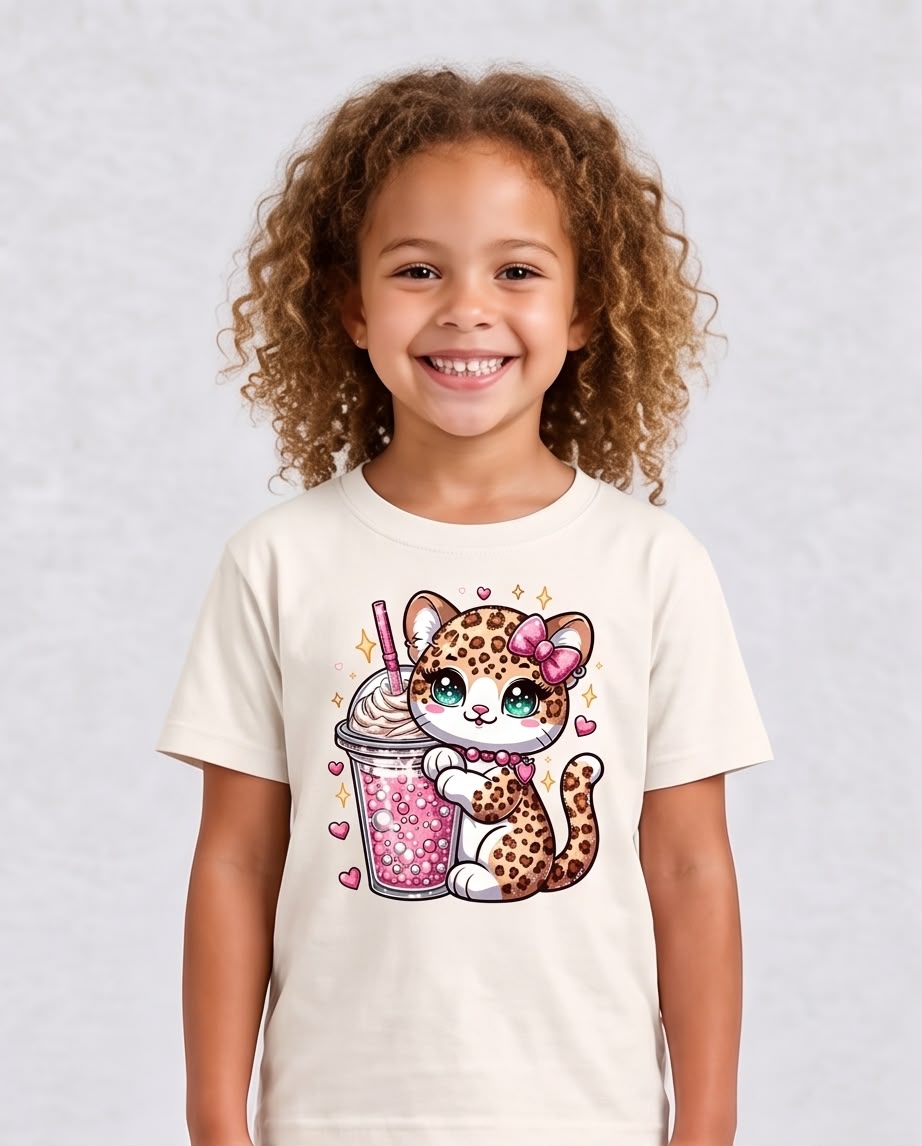 Niña al aire libre con camiseta de gatita de manchas
