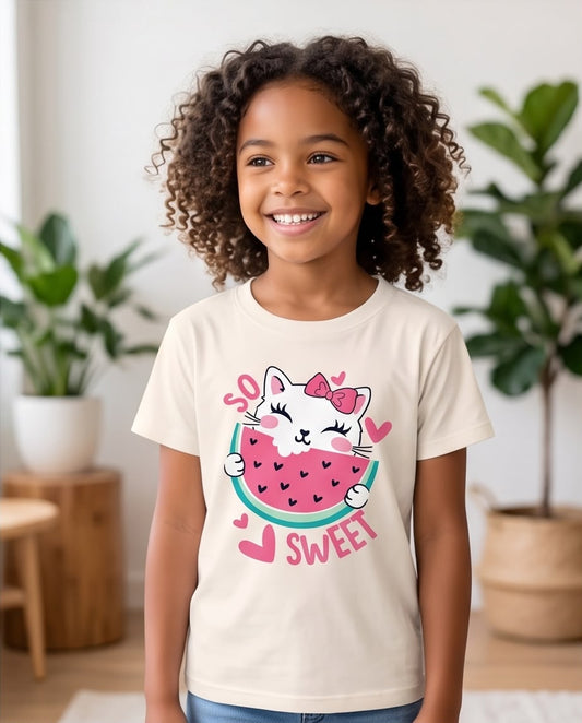 Niña de cuerpo entero con camiseta de gatita So Sweet