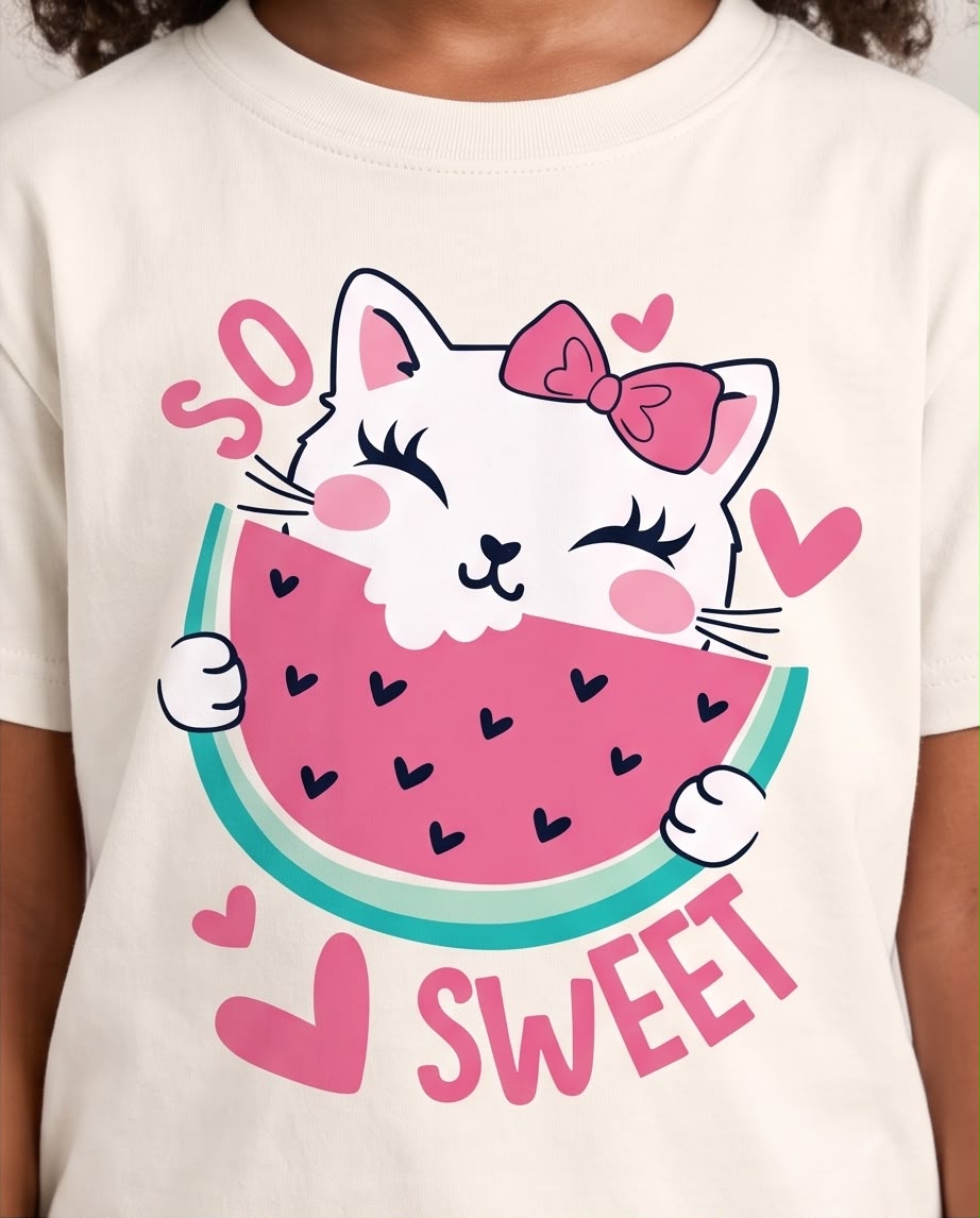 Niña con camiseta de gatita y sandía, acercamiento