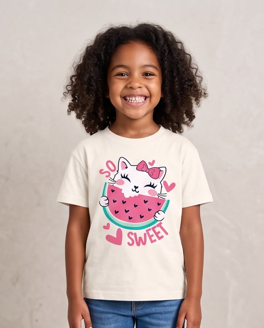 Niña sonriente con camiseta de gatita y sandía