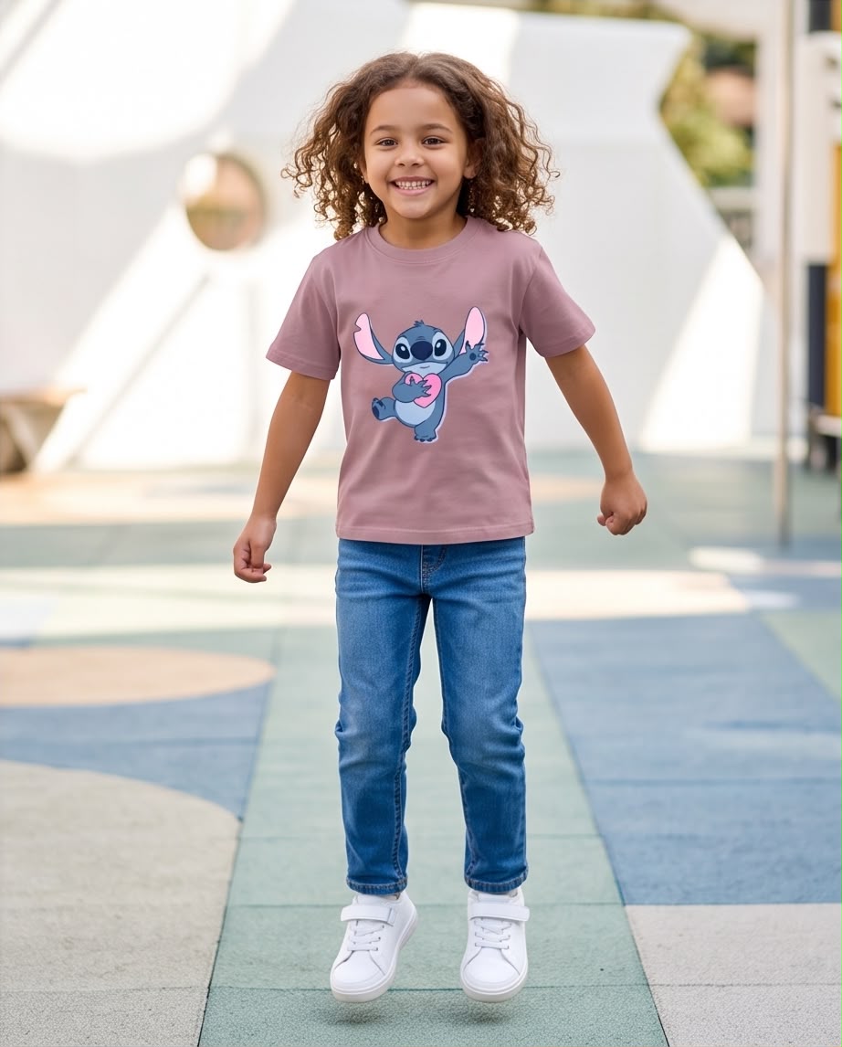 Niña de frente con camiseta Stitch corazón Rosa Vieja