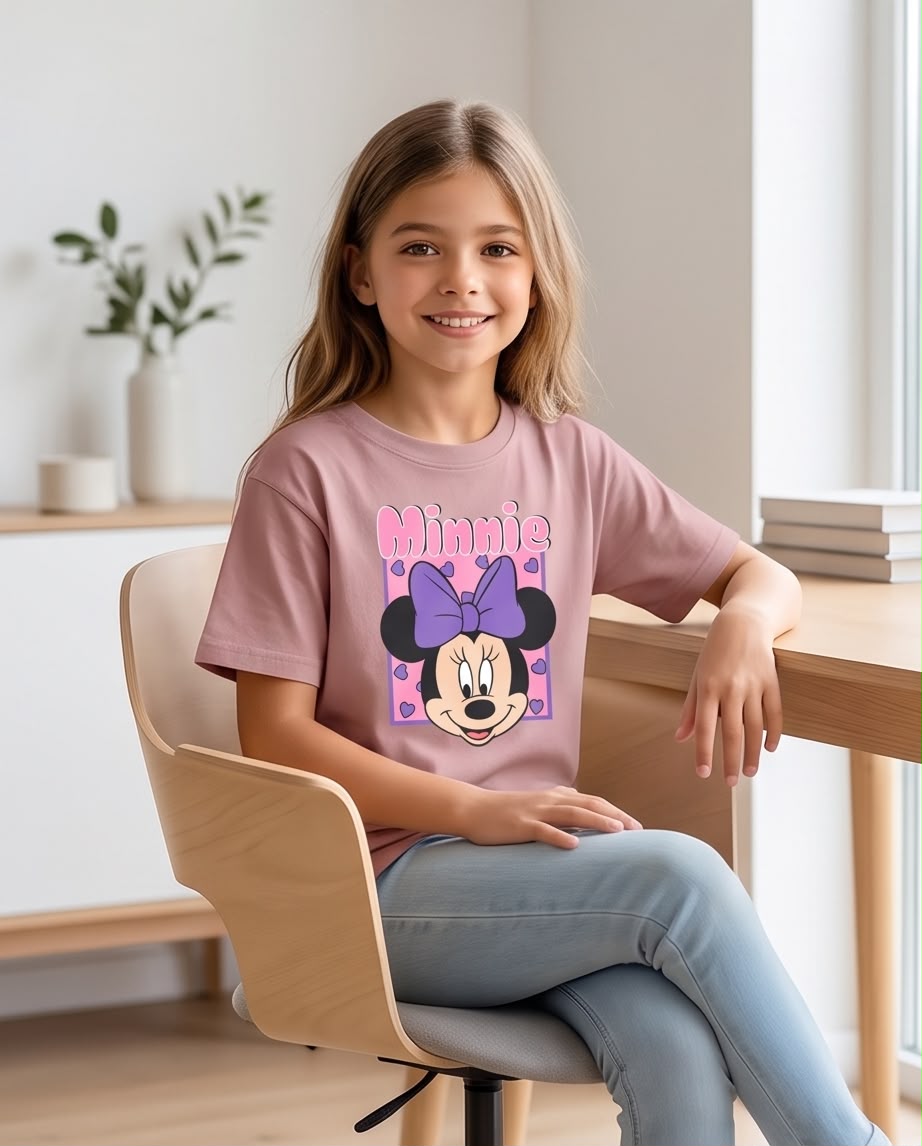 Niña con camiseta Minnie lazo morado Rosa Vieja de frente