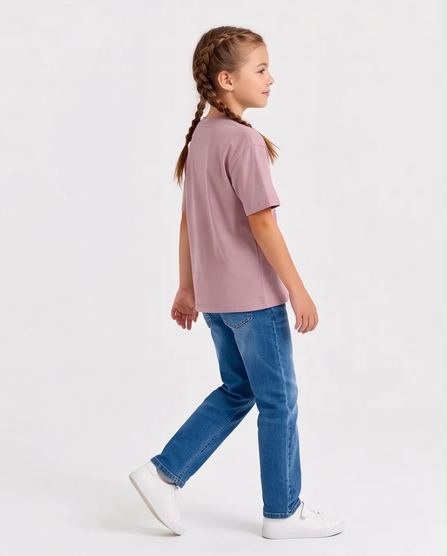 Niña de frente con camiseta Stitch bebida rosa Rosa Vieja